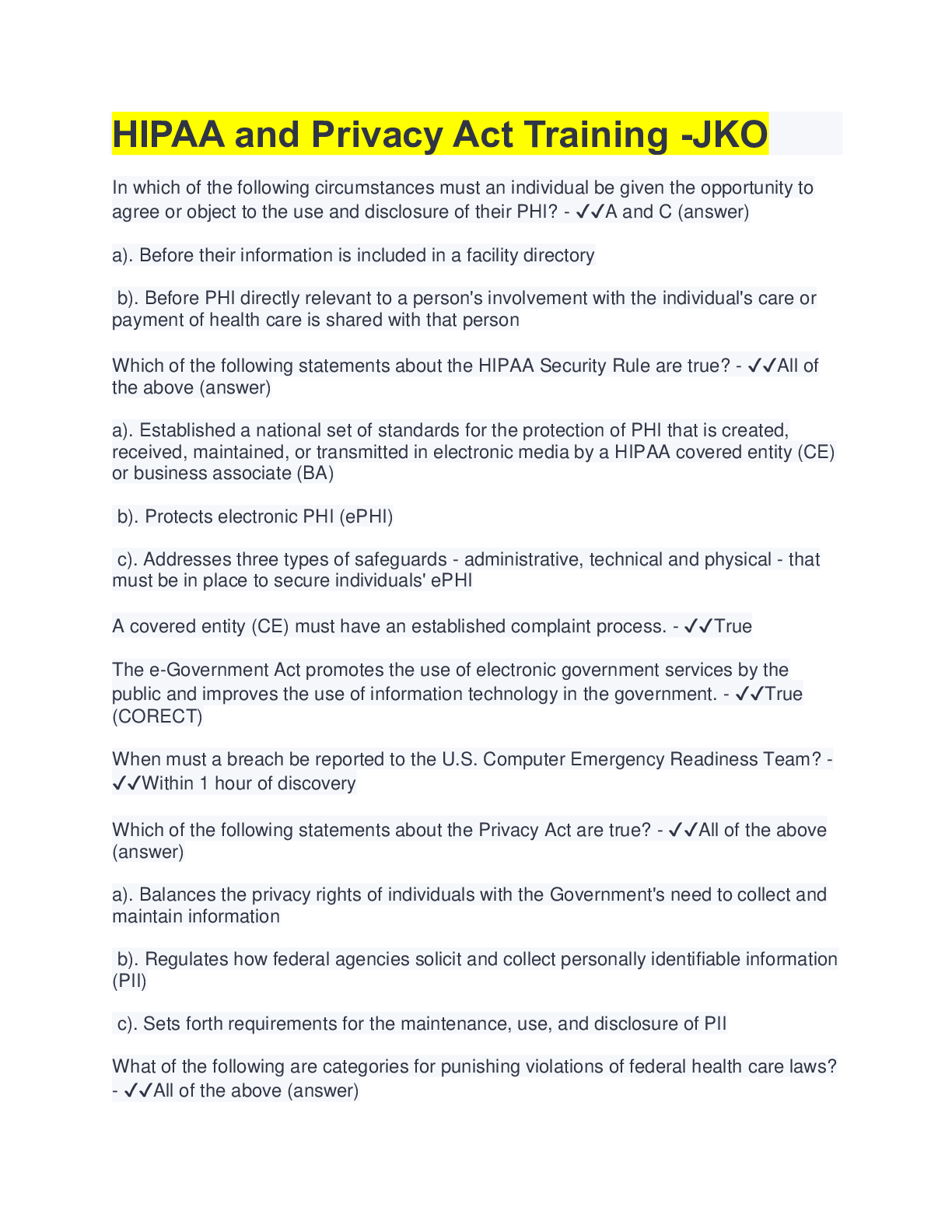 Preview image for HIPAA and Privacy Act Training -JKO(QUESTIONS & 100% CORRECT ANSWERS)